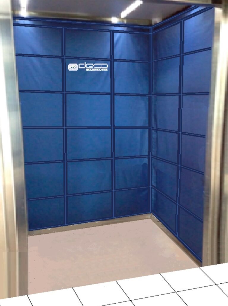 Cabina acústica con paneles modulares azules para reducción de ruido